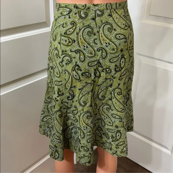 Vintage Silk Paisley Midi Skirt Green A-Line High Waist Boho Size 12 - Picture 3 of 4